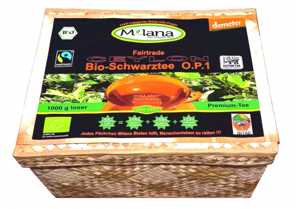 1 kg MILANA Ceylon Fairtrade Demeter BIO-SCHWARZTEE LOSE OP1 Orange Pekoe 1 schwarzer Premium-Tee in HANDGEFLOCHTENEM TEEKÖRBCHEN, 55 Prozent des Verkaufspreises ist SOZIALE HILFSLEISTUNG - Der Tee, ... der nach Liebe schmeckt. Fair und nachhaltig hergest